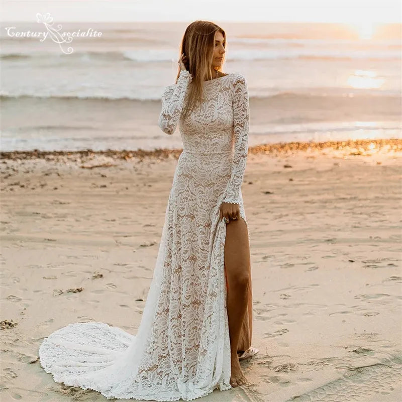 Lace Boho Wedding Dress for Women 2023 Long Sleeve Side Slit Backless Beach Bride Dresses Bridal Gowns Vestido De Noiva