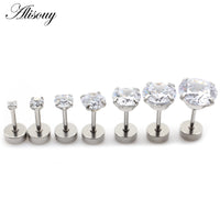 Alisouy 2pcs Stainless steel Unisex Women Men Round Crystal Zircon Ear Studs Earrings  4 Prong Tragus Cartilage Piercing Jewelry
