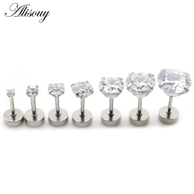 Alisouy 2pcs Stainless steel Unisex Women Men Round Crystal Zircon Ear Studs Earrings  4 Prong Tragus Cartilage Piercing Jewelry