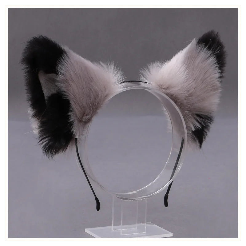 Cat cosplay tail ears simulation fur black white gray Halloween performance props cat ears