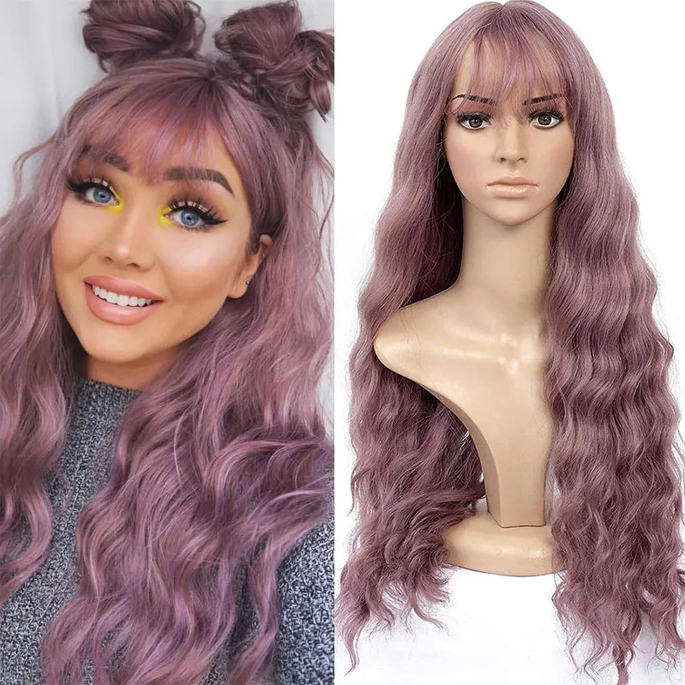 Long Synthetic Hair Wigs With Bang 26Inches Water Wave Curly Hair