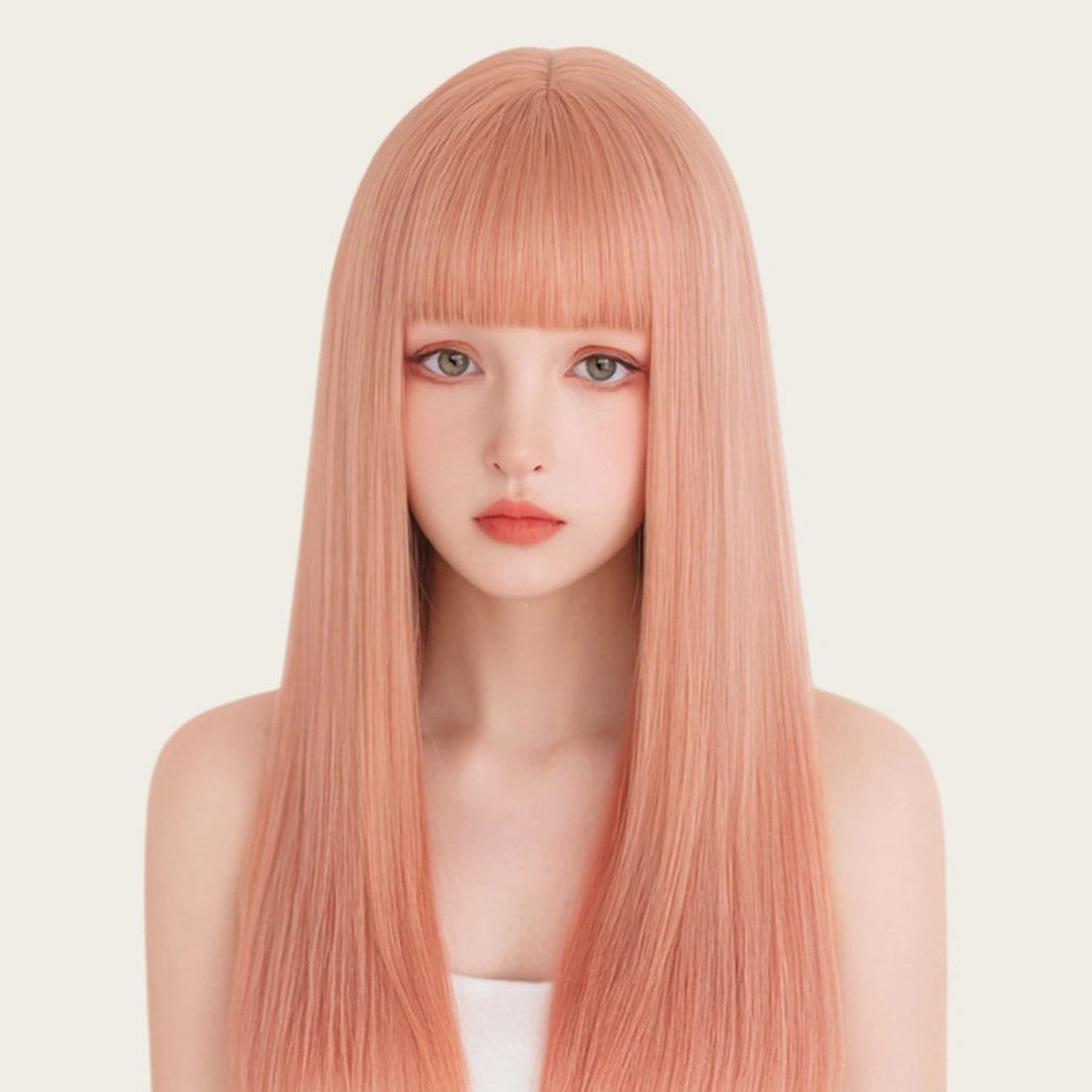 Heat-Resistant Pink Cosplay Wig with Bangs – 24" Long Straight Anime Wig | Soft Matte Fiber, Natural Look for Women