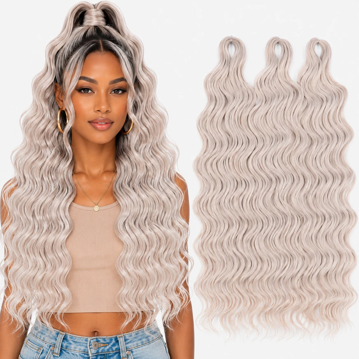 24 Inch Loose Deep Wave Crochet Braiding Hair Ombre Blonde Synthetic Deep Curly Twist Hair Extensions for Women