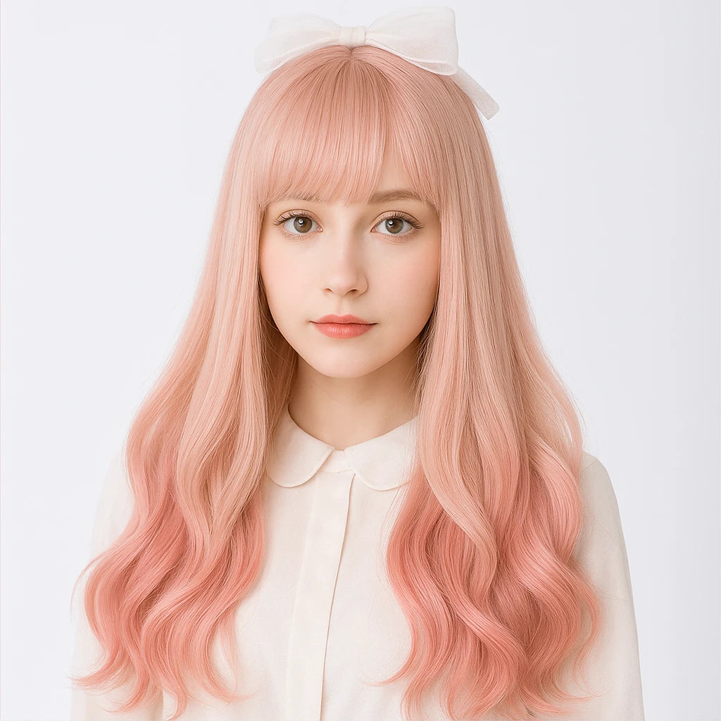 Heat-Resistant Pink Cosplay Wig with Bangs – 24" Long Straight Anime Wig | Soft Matte Fiber, Natural Look for Women