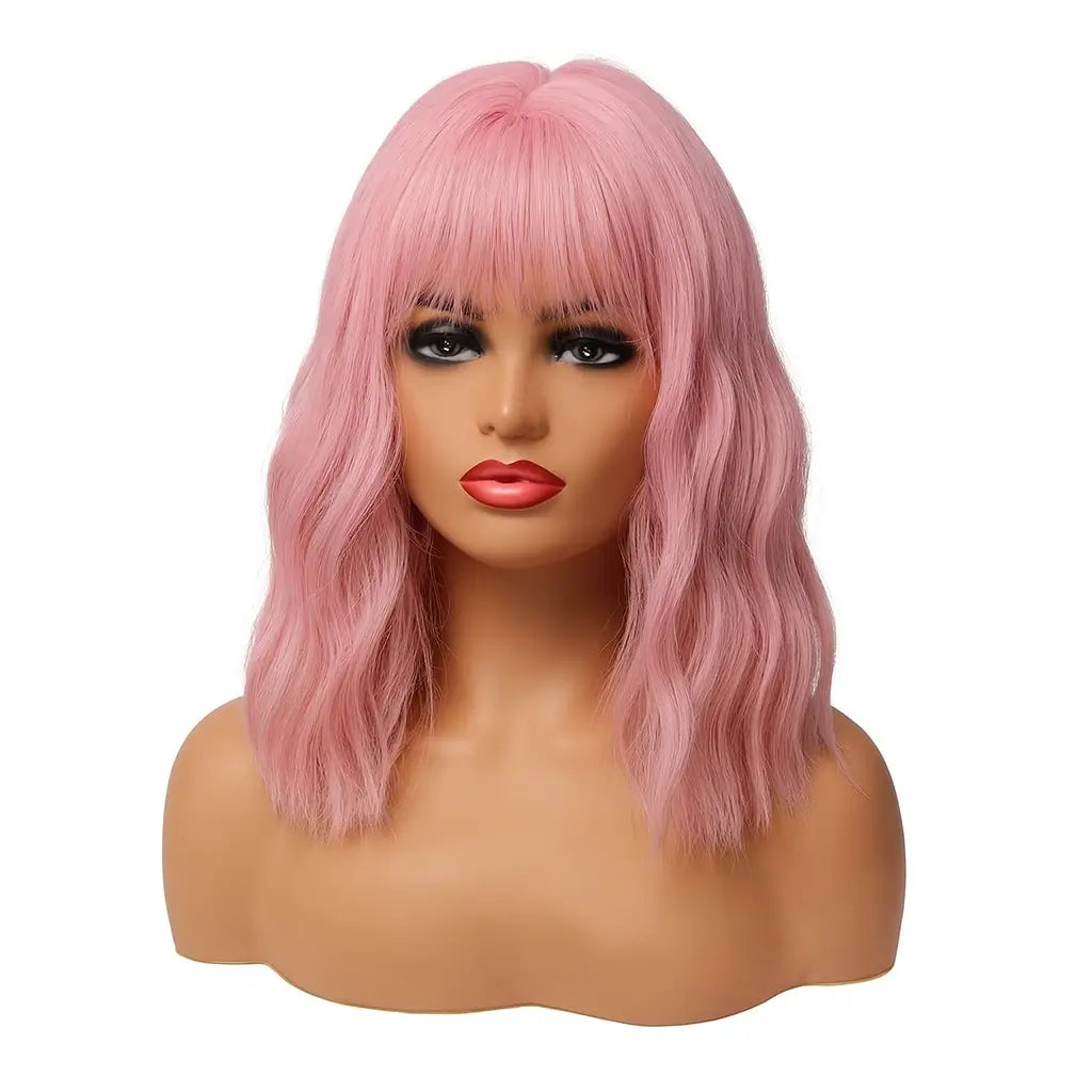 Pink Wavy Short Bob Wig with Bangs – Synthetic Shoulder-Length Cosplay Wig