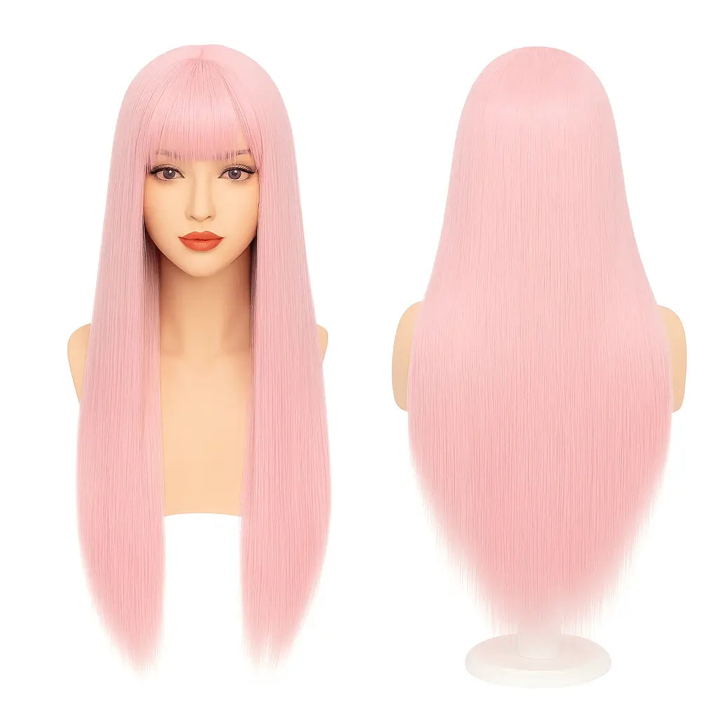 Long Straight Wig with Bangs – Silky Heat-Resistant Synthetic Fibre, Full Machine Made, Cosplay & Party for Women