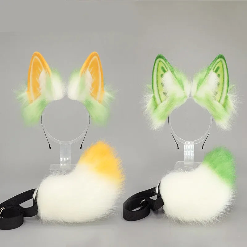Furry Bunny Ears Headband Lolita Realistic Tail Set Cute Plush Cosplay Animal Tail Props Party Animal Tails Cosplay Costume