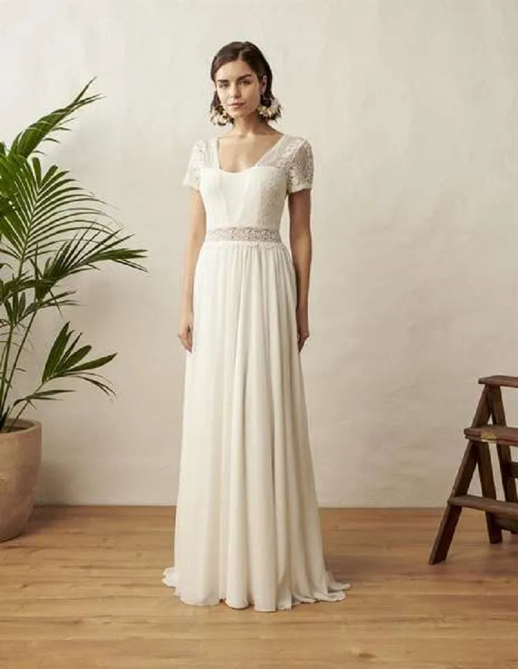 LSYX Chiffon V-Neck Boho Wedding Dress For Women 2023 Short Sleeves Floor Length Backless Bridal Gown Robe De Marie Custom Made