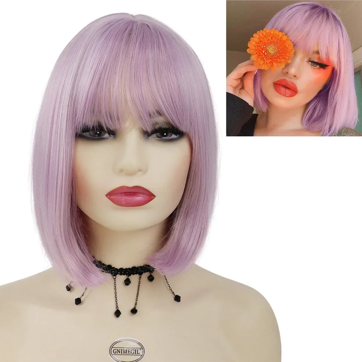 Short Bob Wigs Synthetic Silky Straight Hair Wig with Bangs for White Women Cosplay Natural Nice Looking Pink Lolita Wigs Girls
