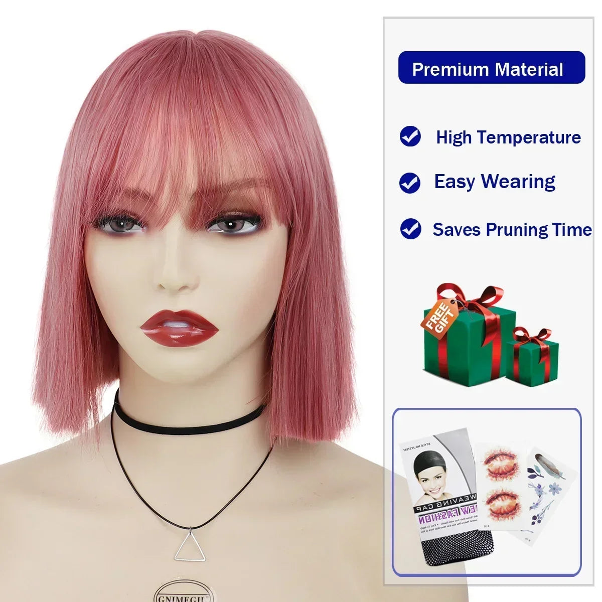 Short Bob Wigs Synthetic Silky Straight Hair Wig with Bangs for White Women Cosplay Natural Nice Looking Pink Lolita Wigs Girls