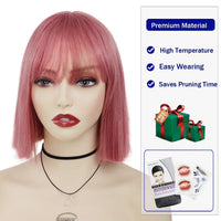 Short Bob Wigs Synthetic Silky Straight Hair Wig with Bangs for White Women Cosplay Natural Nice Looking Pink Lolita Wigs Girls