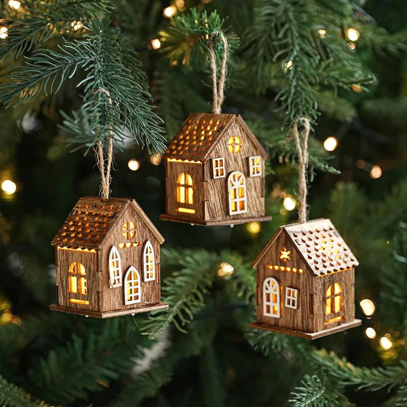 Christmas LED Light Wooden House Luminous Cabin Christmas Decorations Home Decor Night Lamp Pendant Prop LED Candle Gift