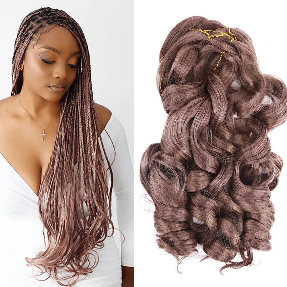 French curl braiding hair in soft brown color on model with long boho box braids and loose curly ends