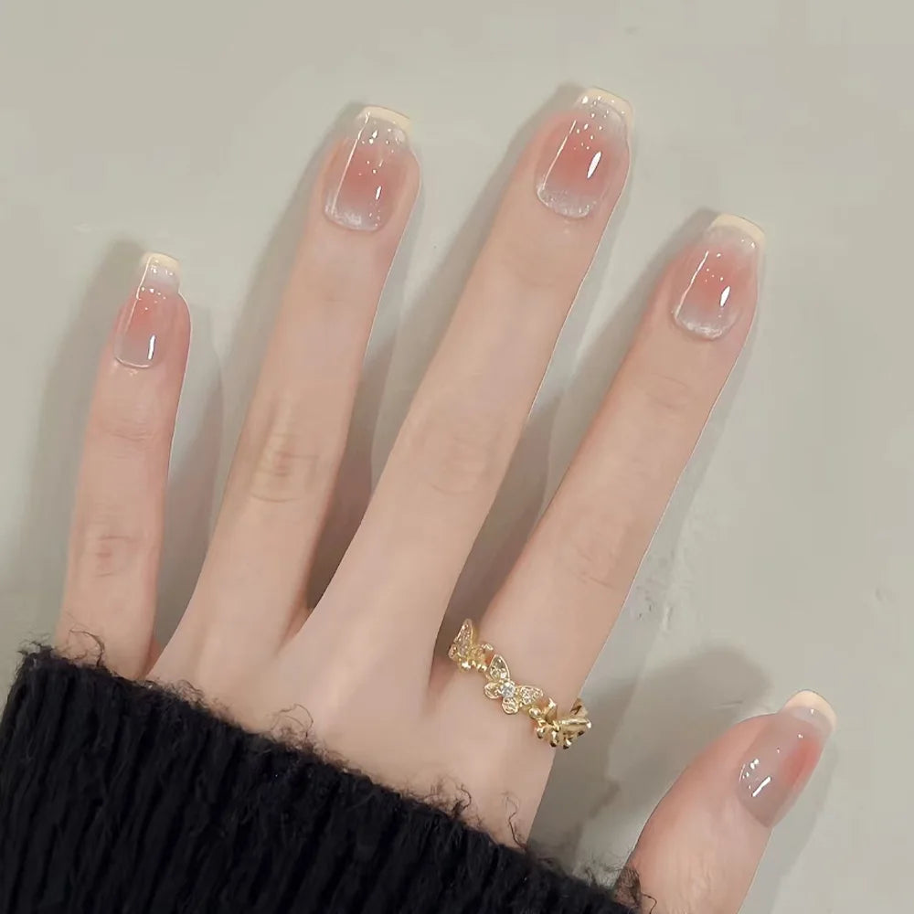 24Pcs Pink Cat Eye Press On Nails – Short Ballet French Style with Bow & Star Designs