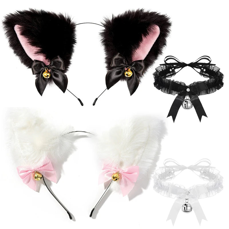 Cat Ears Headband for Women Girls Lace Bow Necklace Plush Bell Hairband Cosplay Masquerade-Party Costume Hair Accessories