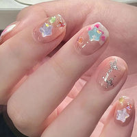 24Pcs Pink Cat Eye Press On Nails – Short Ballet French Style with Bow & Star Designs