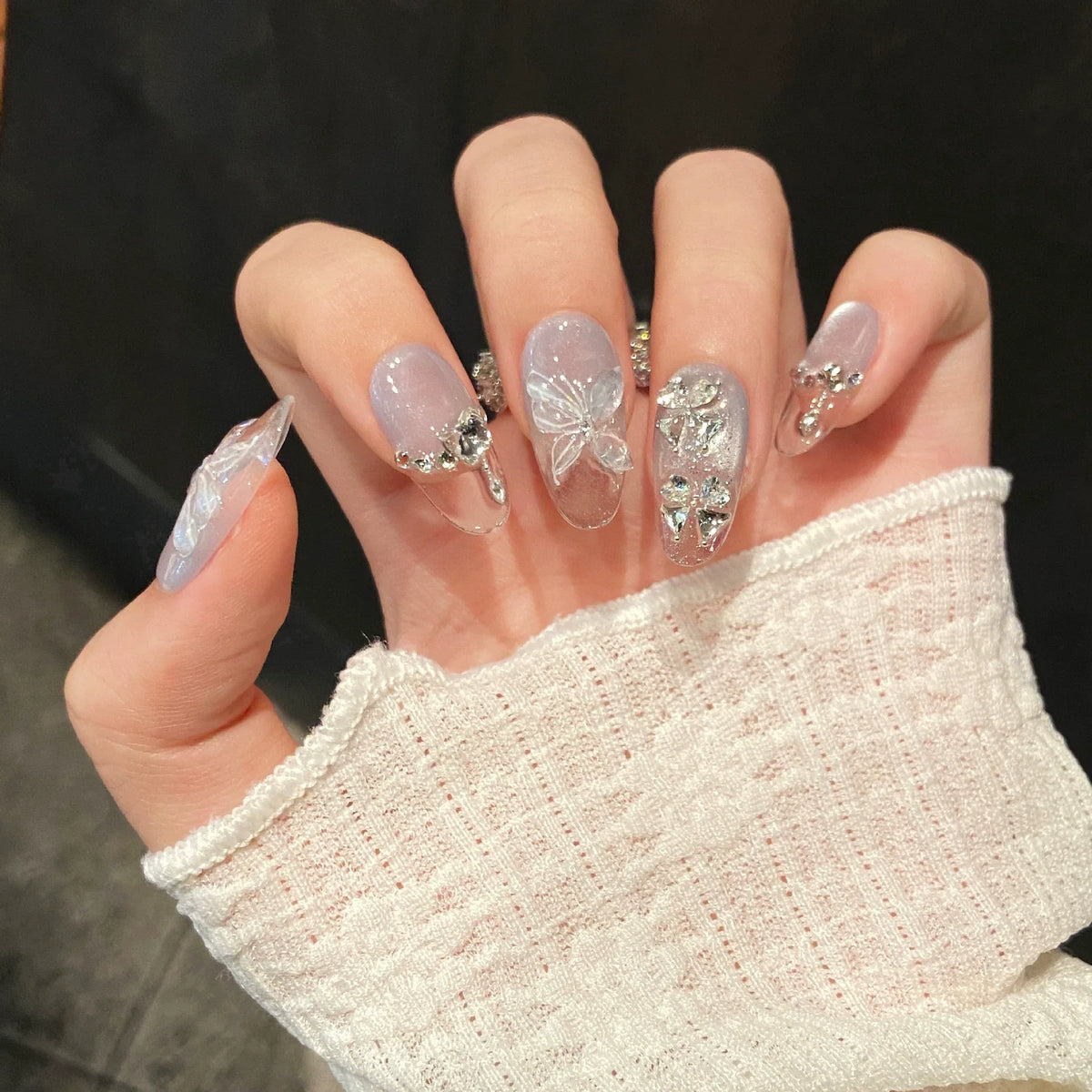 10pcs Handmade Cat Eye Almond Press-On Nails – Light Blue with Bow Accent