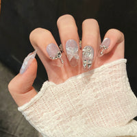 10pcs Handmade Cat Eye Almond Press-On Nails – Light Blue with Bow Accent