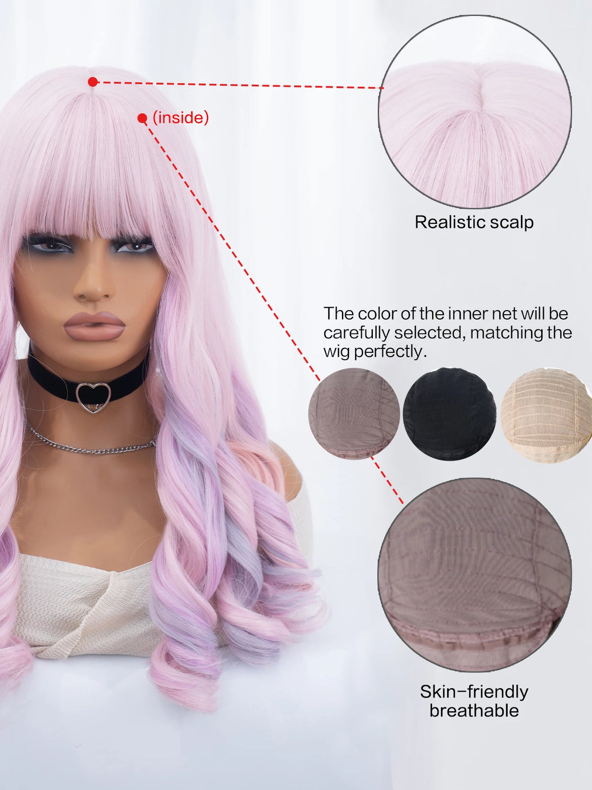 22Inch Cherry Blossom Pink Color Synthetic Wigs With Bang Long Natural Curly Hair Wig For Women Cosplay Party Heat Resistant