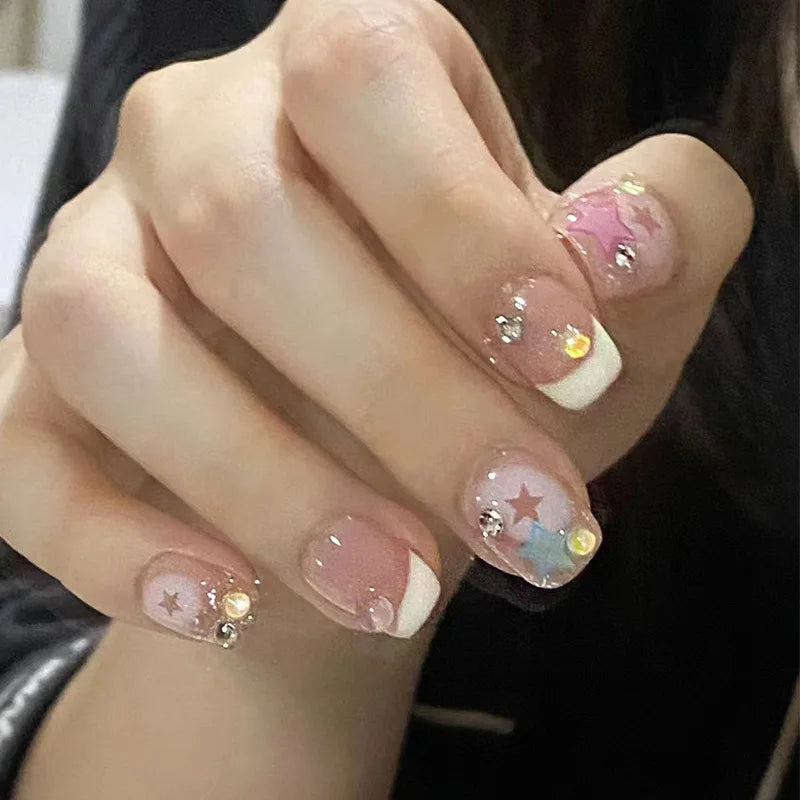 24Pcs Pink Cat Eye Press On Nails – Short Ballet French Style with Bow & Star Designs