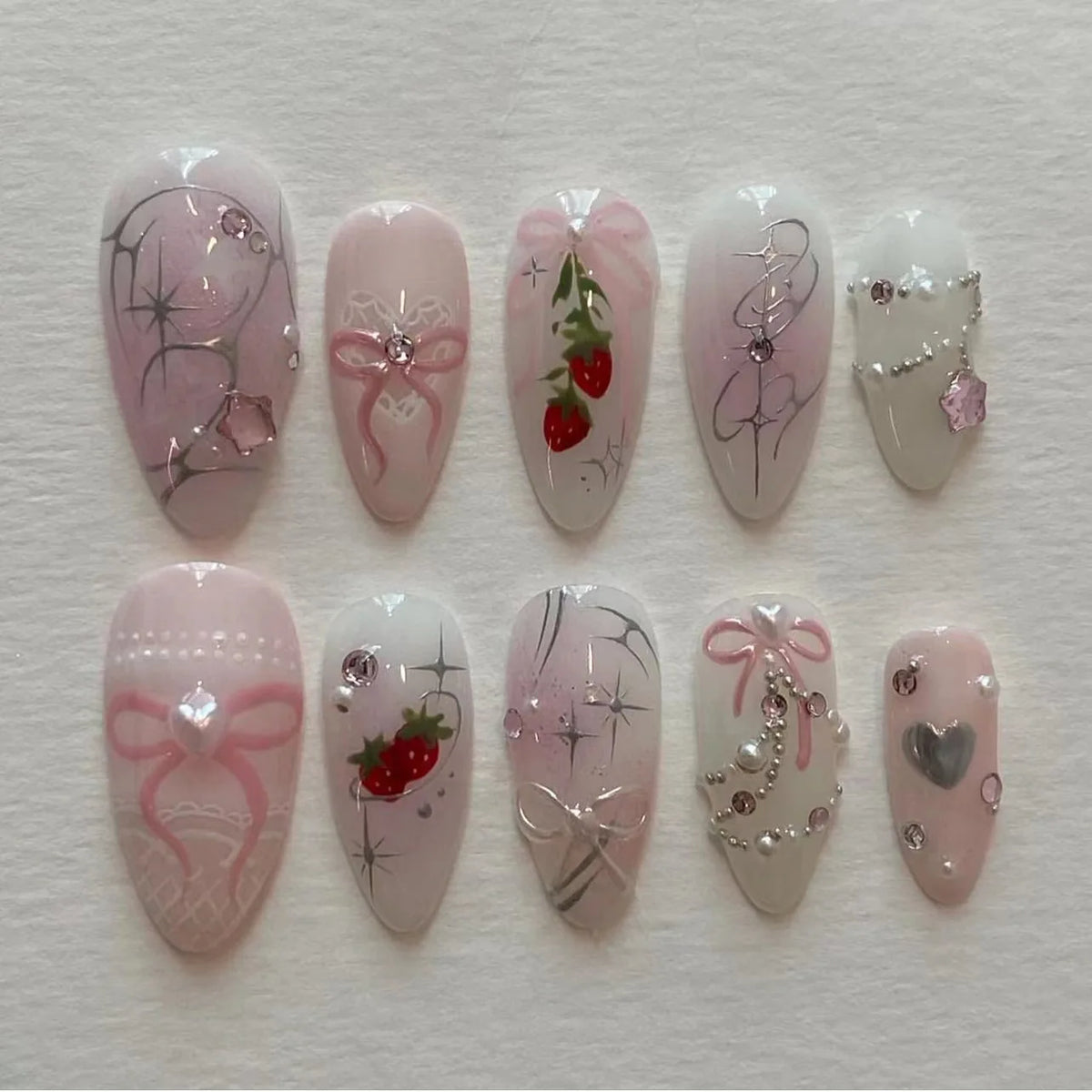 24PCS Wine Red Almond Press-On Nails – Cute Rabbit Bow Plaid Pearl French Fake Nails