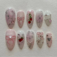 24PCS Wine Red Almond Press-On Nails – Cute Rabbit Bow Plaid Pearl French Fake Nails