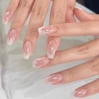 24Pcs Medium Short Square False Nails Glittering Nail Art White Wearable Fake Nail Silver French Full Cover Press on Nail Tips