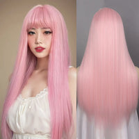 Synthetic Straight Wigs with Bangs Long Silky Heat Resistant Fiber Hair Full Machine Wig Cosplay Party Wig For Fashion Women