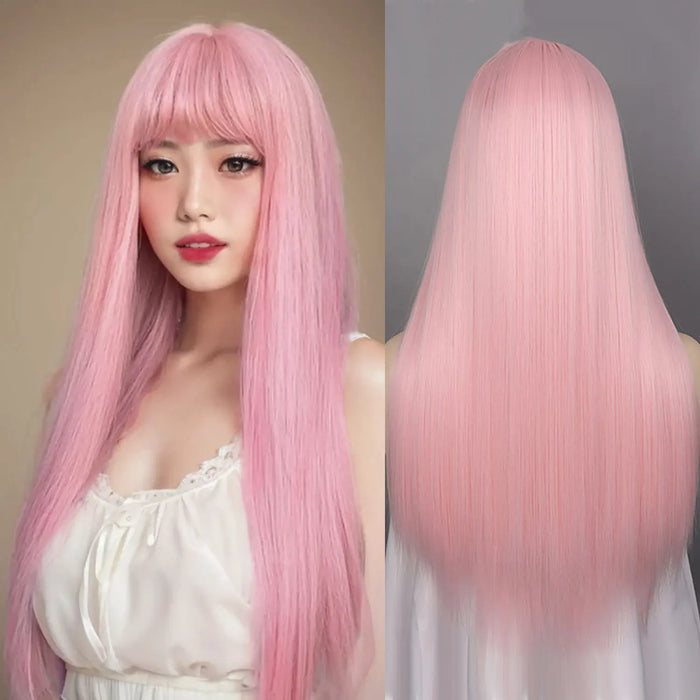 Pink Straight Cosplay Wig with Bangs – 26" Heat Resistant Synthetic Hair
