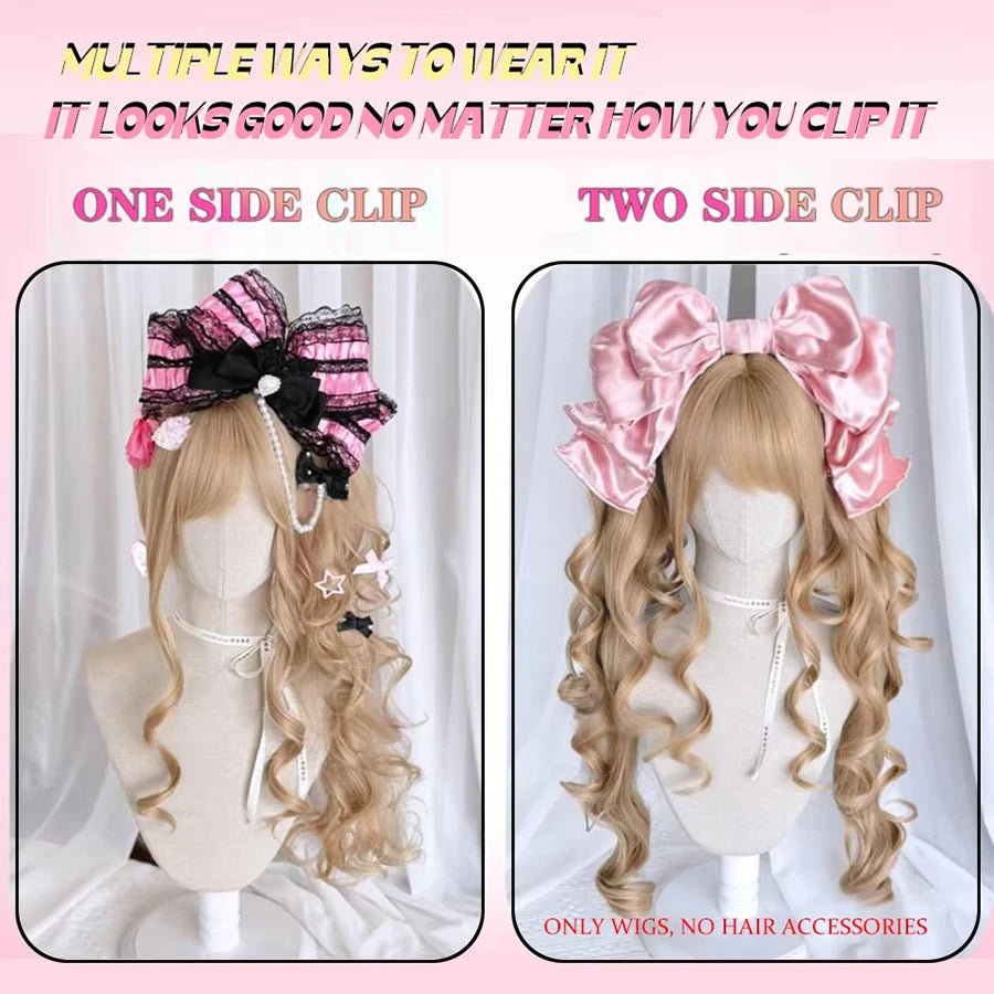 Long Wave Cosplay Wig with Double Ponytail For Women Daily Party Lolita Synthetic Wigs Gold/Chocolate Heat Resistant Hair