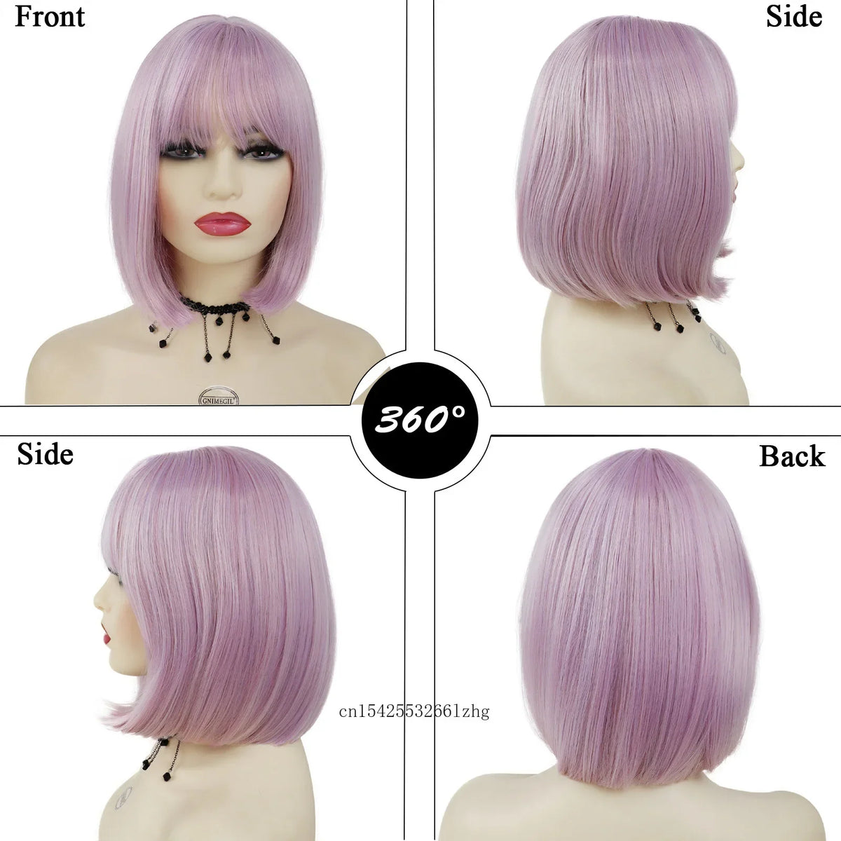 Light Purple Pink Bob Wig with Bangs – Synthetic Straight Cosplay Wig for Women
