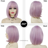 Light Purple Pink Bob Wig with Bangs – Synthetic Straight Cosplay Wig for Women