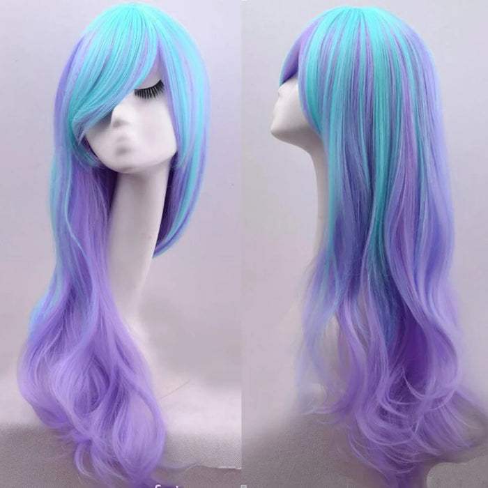 Synthetic Hair Long Wavy Cosplay Wig with Bangs Purple Blue Ombre Costume Lolita Wigs