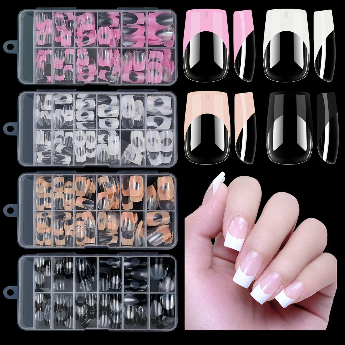 120PCS Acrylic French Press On Nails Medium Square Full Cover Nail Tips – Mixed Sizes, Removable False Nails