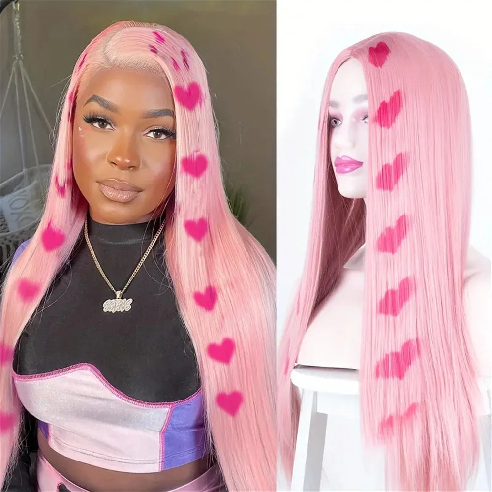 26 Inch Long Straight Pink Synthetic Wig – Heat Resistant Middle Part Wig with Wig Cap