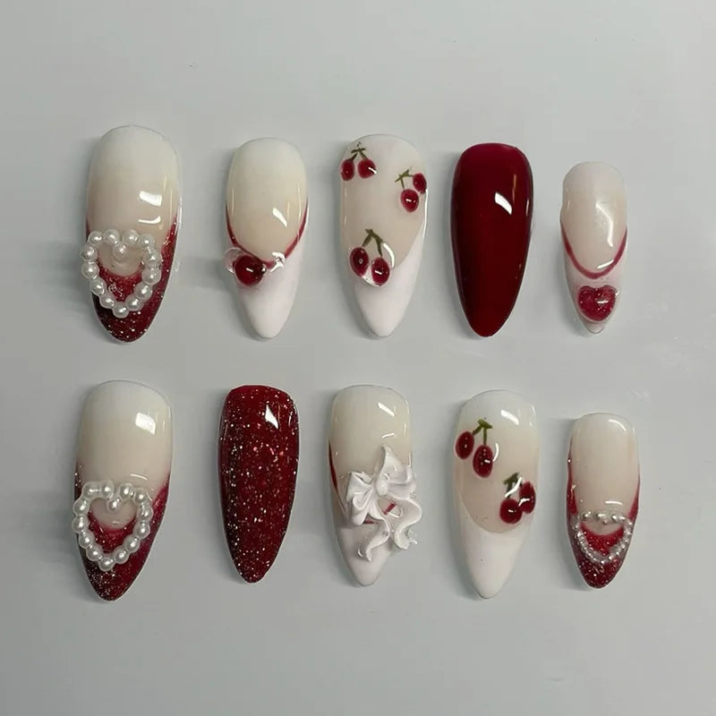 24PCS Wine Red Almond Press-On Nails – Cute Rabbit Bow Plaid Pearl French Fake Nails