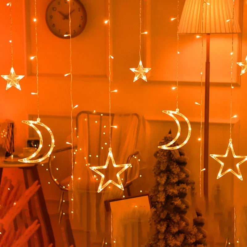 Led Fairy Curtain Lights Moon Stars of String Light with Remote Indoor Outdoor Decorative Christmas Twinkle lamp for Bedroom