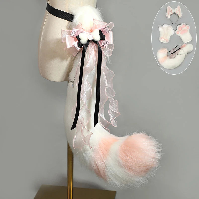 Hand-made Realistic Fluffy Fox Ear Headwear Faux Fur Wolf  Tail Plush Cat Claw Gloves Lolita Anime Exhibition Cosplay Props