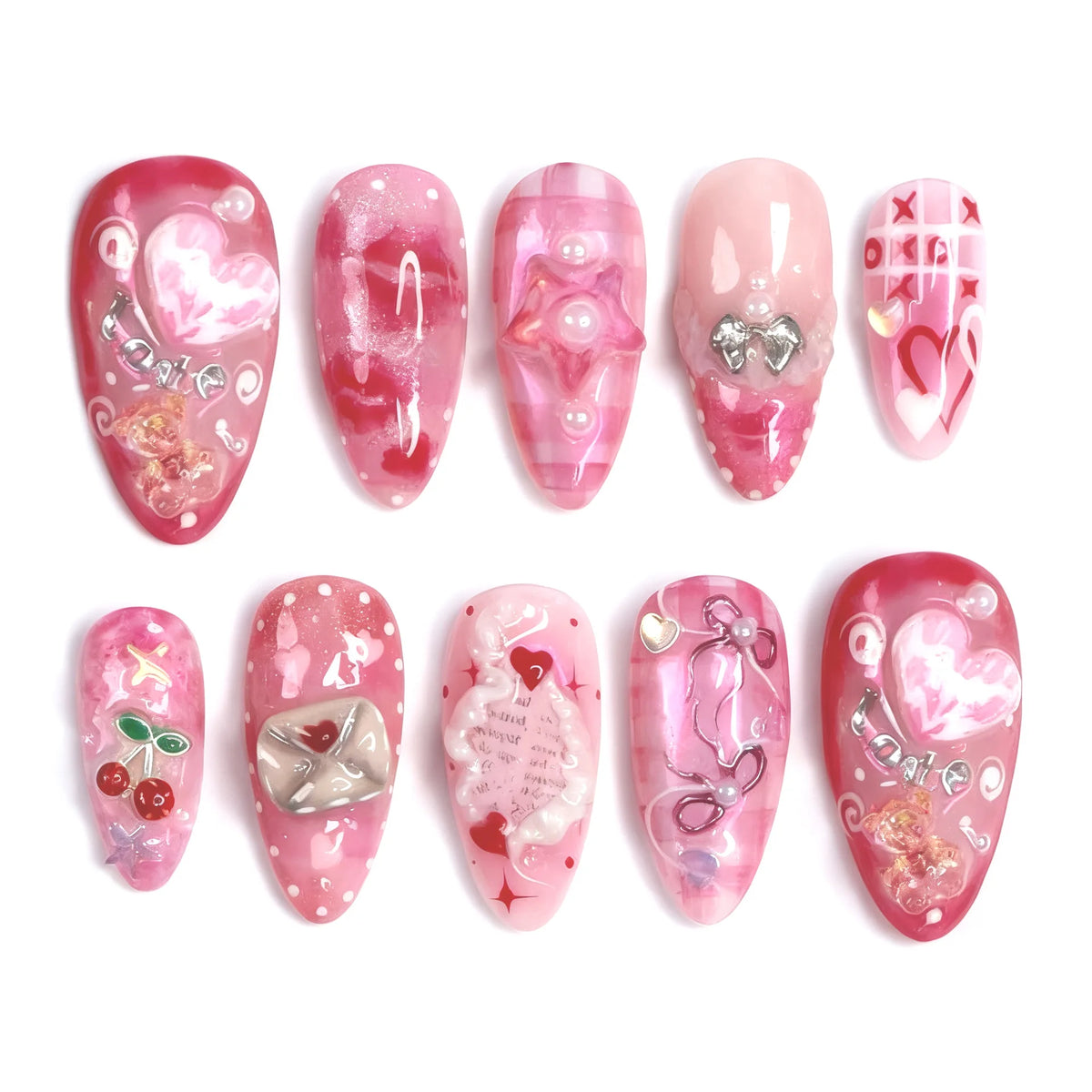 24PCS Wine Red Almond Press-On Nails – Cute Rabbit Bow Plaid Pearl French Fake Nails