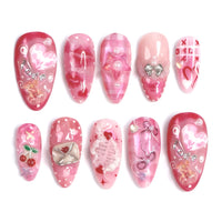 24PCS Wine Red Almond Press-On Nails – Cute Rabbit Bow Plaid Pearl French Fake Nails