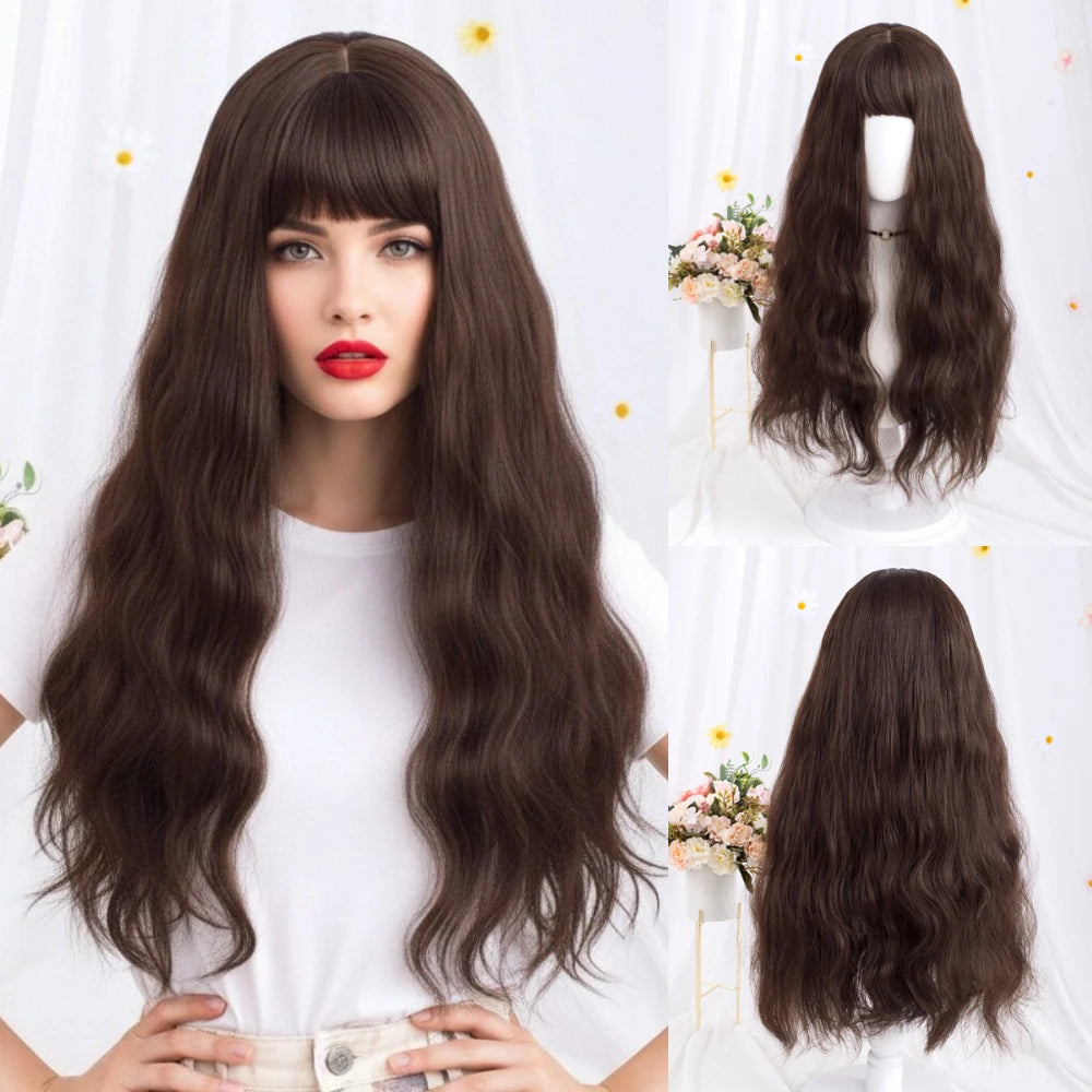 Long Wavy Brown Synthetic Wig with Bangs – Heat Resistant Natural Look Wig for Women, Halloween, Christmas & Daily Wear
