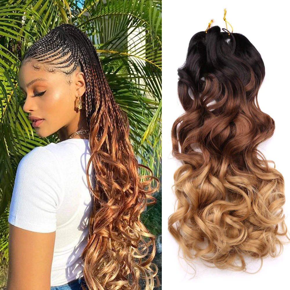 Ombre French curl braiding hair on model outdoors with loose wave crochet hair extensions, brown to blonde gradient