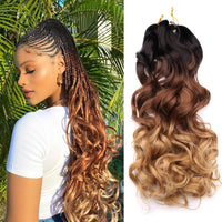 Ombre French curl braiding hair on model outdoors with loose wave crochet hair extensions, brown to blonde gradient