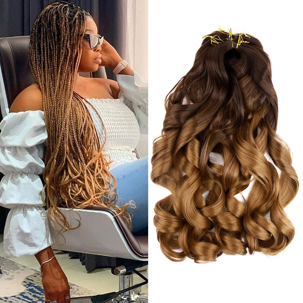 Ombre French curl braiding hair on model with matching loose wave crochet hair extensions, real hairstyle vs product