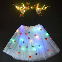 Light LED Flower Girl Kids Clothes Tutu Skirt Princess Party Reindeer Antlers Headband Deer Ear  Birthday Christmas Halloween