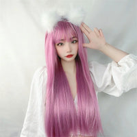 Hair Extensions Synthetic Cosplay Purple Young Lady Wigs Breathable Thin Air Bangs Head Cover Long 70cm Straight Women Wig Hat