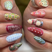 24PCS Wine Red Almond Press-On Nails – Cute Rabbit Bow Plaid Pearl French Fake Nails