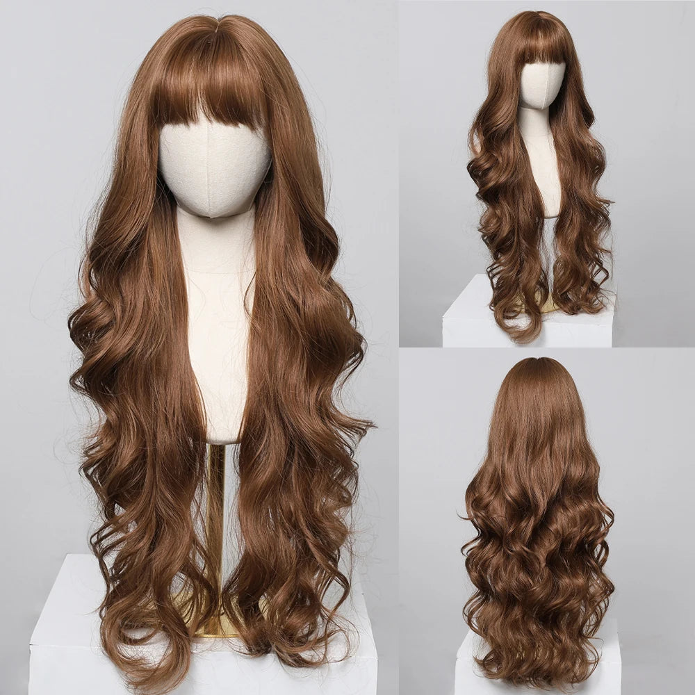 Brown Wavy Wigs for Women with Bangs Long Natural Synthetic Hair Wig Daily Cosplay Heat Resistant