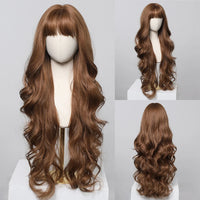 Brown Wavy Wigs for Women with Bangs Long Natural Synthetic Hair Wig Daily Cosplay Heat Resistant
