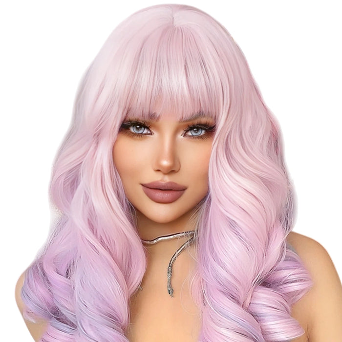 22Inch Cherry Blossom Pink Color Synthetic Wigs With Bang Long Natural Curly Hair Wig For Women Cosplay Party Heat Resistant